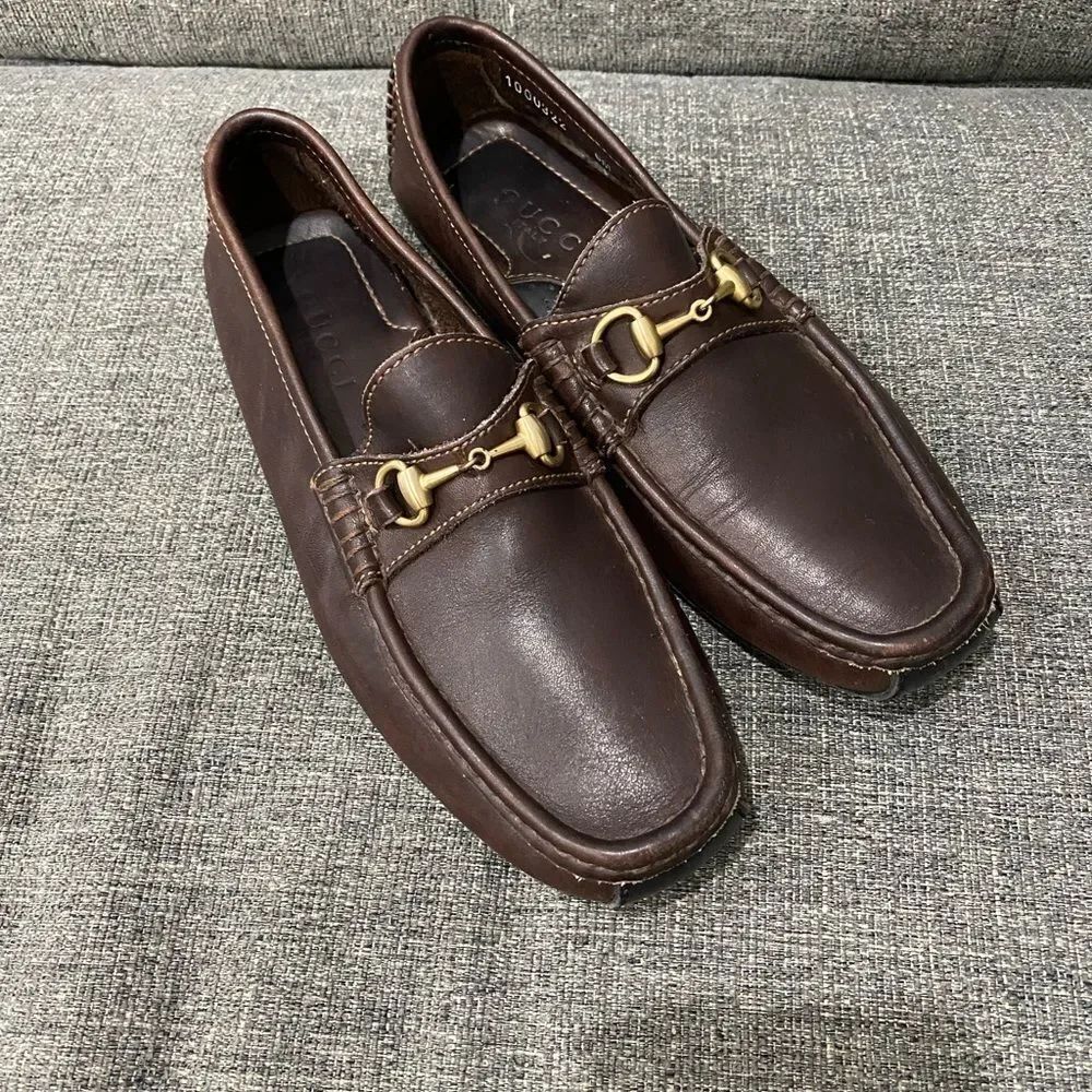 Gucci Dark Brown Leather Loafers with Gold Hardware